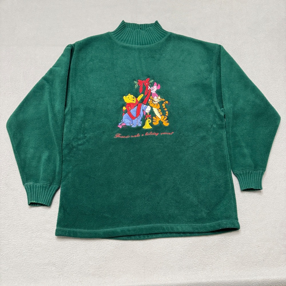 Disney Store Fleece Sweatshirt Women Medium Green Pooh Tigger Holiday Vintage